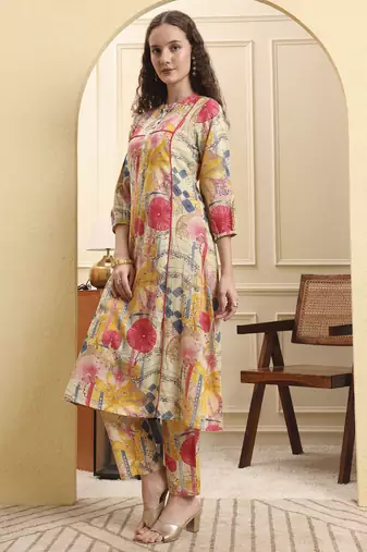 yellow floral print a-line kurta trouser set