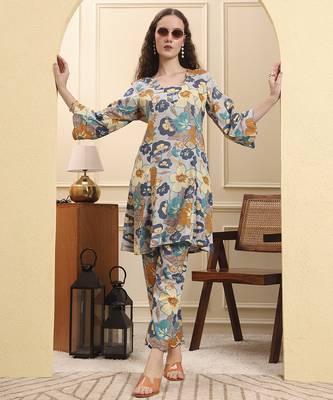 blue floral print a-line kurta trouser set 1
