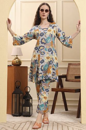 Yufta blue floral print a-line kurta trouser set