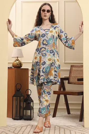 Yufta blue floral print a-line kurta trouser set