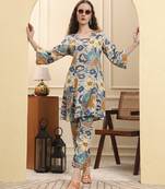 blue floral print a-line kurta trouser set