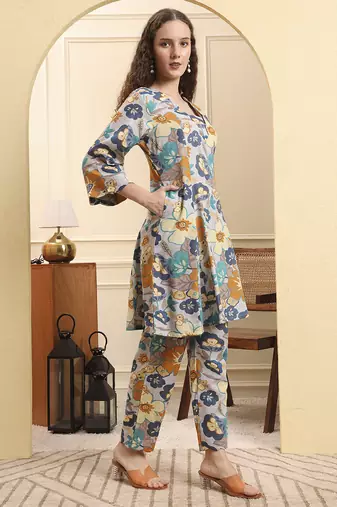blue floral print a-line kurta trouser set