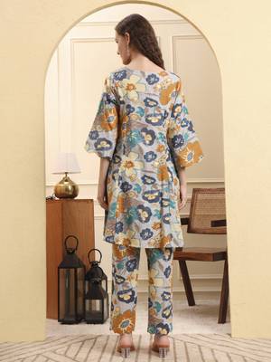 blue floral print a-line kurta trouser set 3
