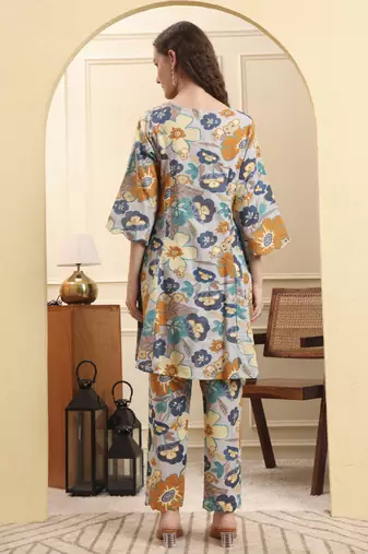 blue floral print a-line kurta trouser set