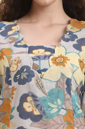 blue floral print a-line kurta trouser set