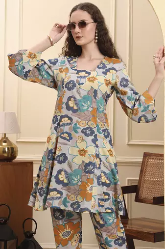 blue floral print a-line kurta trouser set