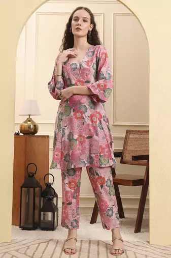 Yufta multi floral print a-line kurta trouser set
