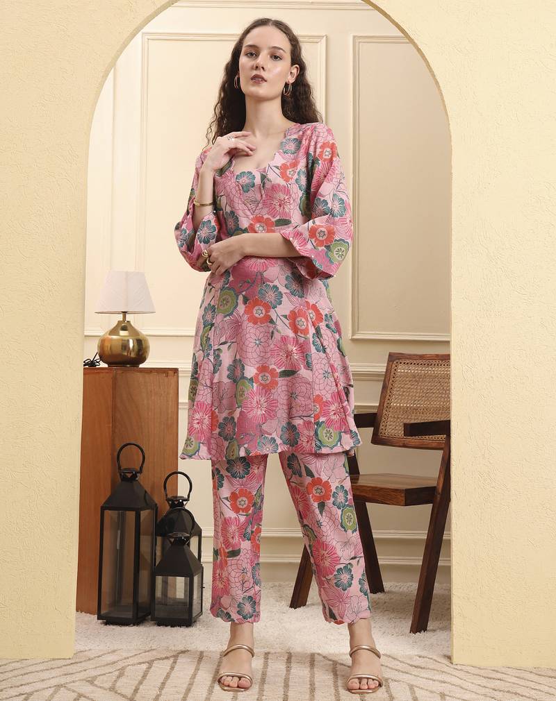 Yufta multi floral print a-line kurta trouser set