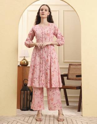 pink floral print a-line kurta trouser set kurta design show botton and piping 1