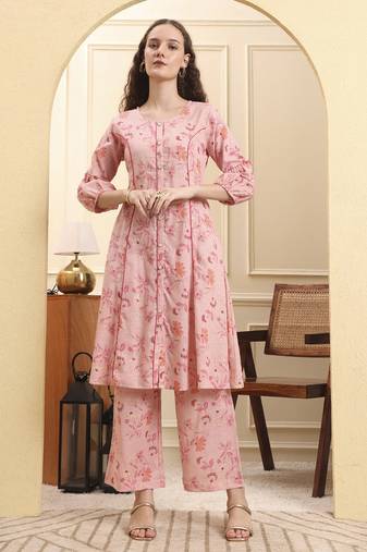 Yufta pink floral print a-line kurta trouser set kurta design show botton and piping