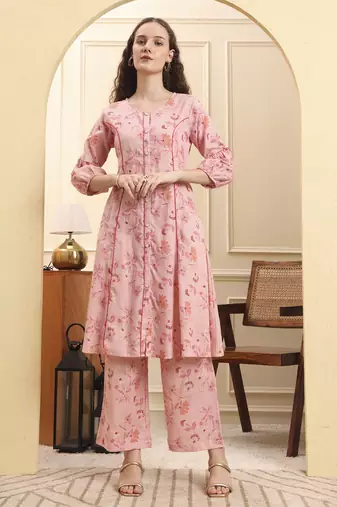 Yufta pink floral print a-line kurta trouser set kurta design show botton and piping