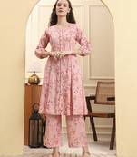 pink floral print a-line kurta trouser set kurta design show botton and piping