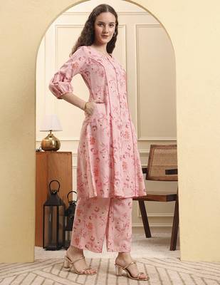 pink floral print a-line kurta trouser set kurta design show botton and piping 2