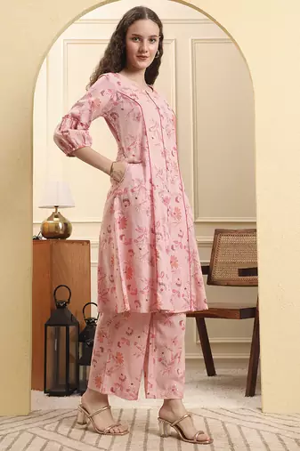 pink floral print a-line kurta trouser set kurta design show botton and piping