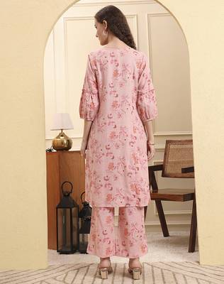 pink floral print a-line kurta trouser set kurta design show botton and piping 3