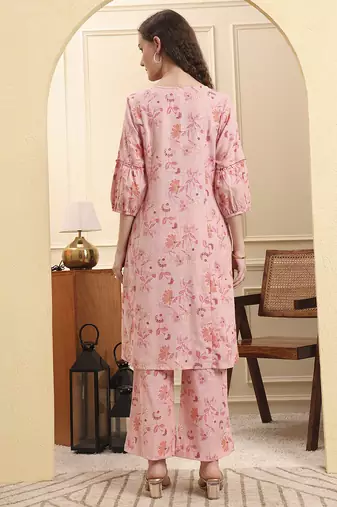 pink floral print a-line kurta trouser set kurta design show botton and piping