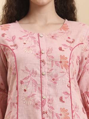 pink floral print a-line kurta trouser set kurta design show botton and piping 4