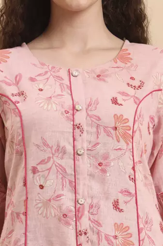 pink floral print a-line kurta trouser set kurta design show botton and piping