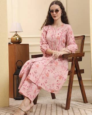 pink floral print a-line kurta trouser set kurta design show botton and piping 5