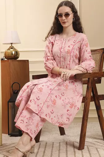 pink floral print a-line kurta trouser set kurta design show botton and piping