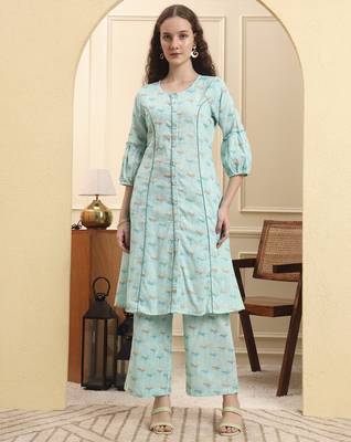 sea green floral print a-line kurta trouser set kurta design show botton and piping 1