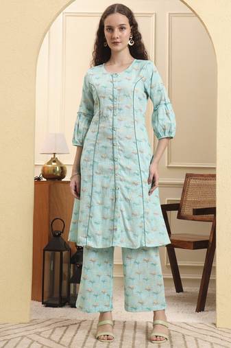 Yufta sea green floral print a-line kurta trouser set kurta design show botton and piping