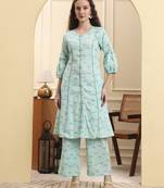 sea green floral print a-line kurta trouser set kurta design show botton and piping