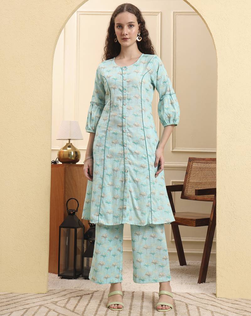 Yufta sea green floral print a-line kurta trouser set kurta design show botton and piping