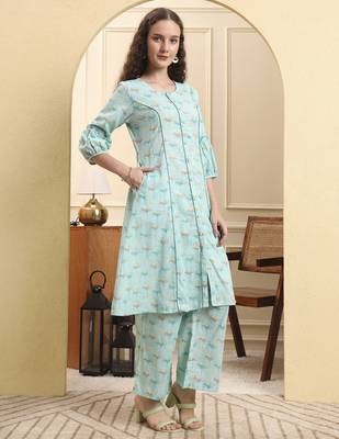 sea green floral print a-line kurta trouser set kurta design show botton and piping 2