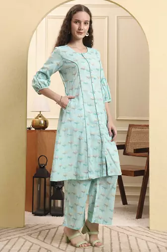 sea green floral print a-line kurta trouser set kurta design show botton and piping