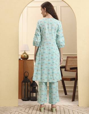 sea green floral print a-line kurta trouser set kurta design show botton and piping 3