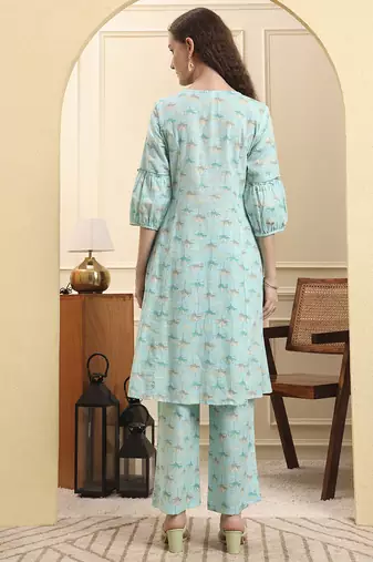 sea green floral print a-line kurta trouser set kurta design show botton and piping