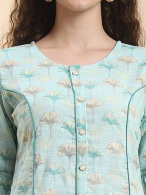 sea green floral print a-line kurta trouser set kurta design show botton and piping 4