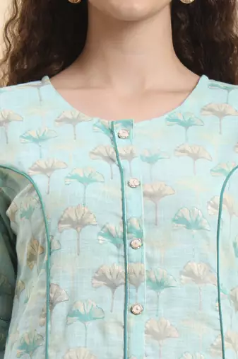 sea green floral print a-line kurta trouser set kurta design show botton and piping