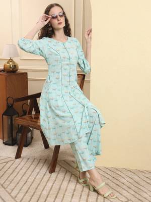 sea green floral print a-line kurta trouser set kurta design show botton and piping 5