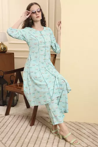 sea green floral print a-line kurta trouser set kurta design show botton and piping