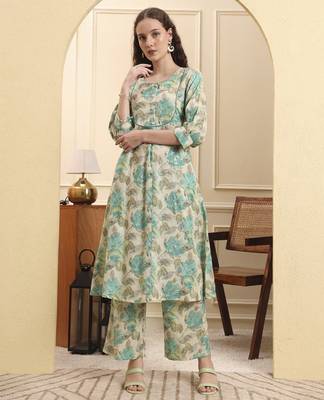 green and beige floral print a-line kurta trouser set 1