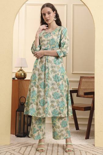 Yufta green and beige floral print a-line kurta trouser set