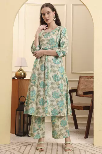 Yufta green and beige floral print a-line kurta trouser set