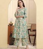 green and beige floral print a-line kurta trouser set