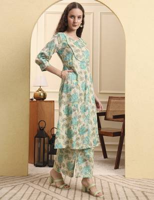 green and beige floral print a-line kurta trouser set 2
