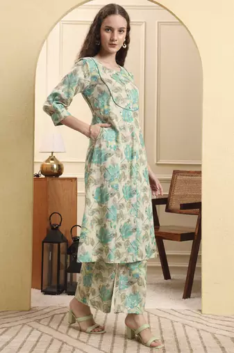 green and beige floral print a-line kurta trouser set