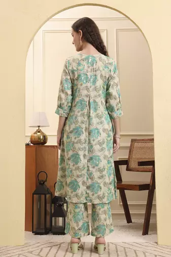 green and beige floral print a-line kurta trouser set
