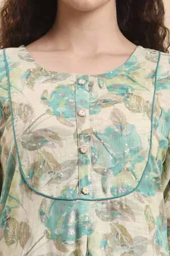 green and beige floral print a-line kurta trouser set