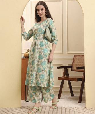 green and beige floral print a-line kurta trouser set 5