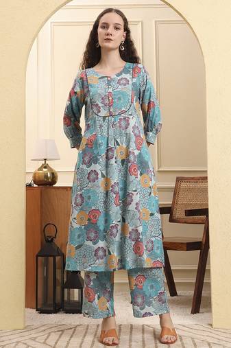 Yufta sea green floral print a-line kurta trouser set