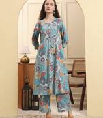 sea green floral print a-line kurta trouser set