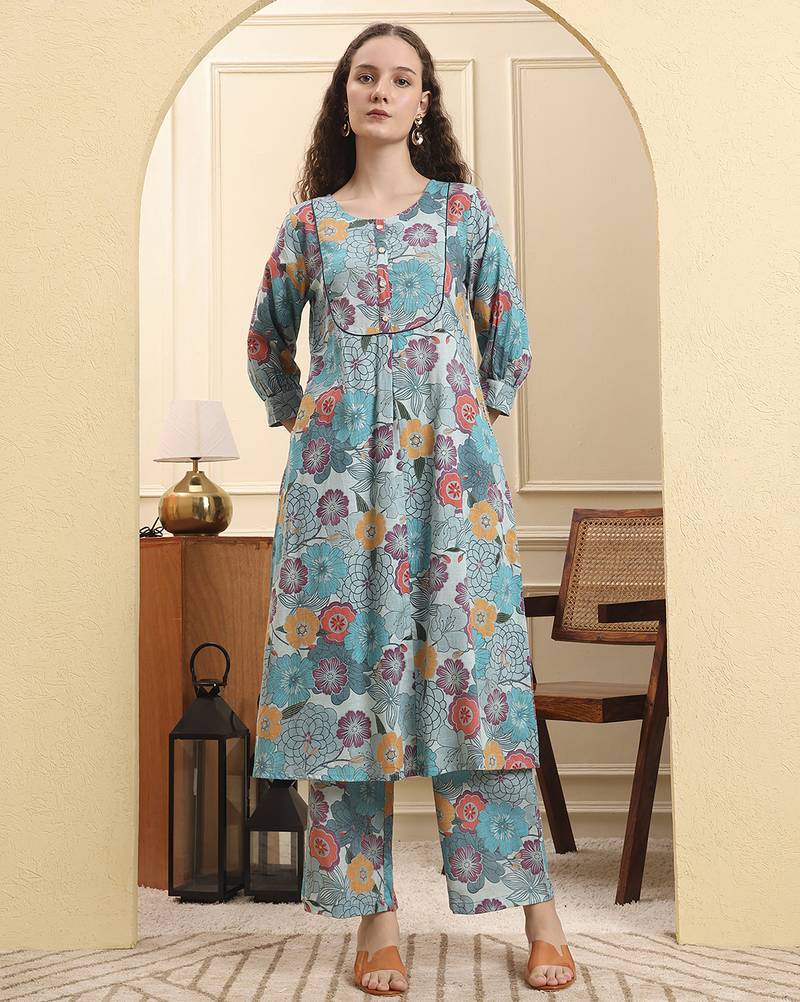 Yufta sea green floral print a-line kurta trouser set