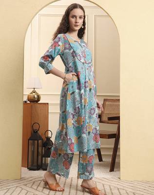 sea green floral print a-line kurta trouser set 2