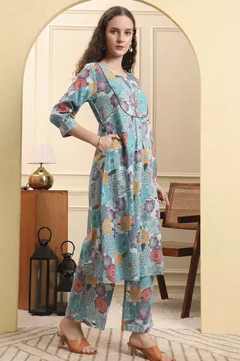 sea green floral print a-line kurta trouser set